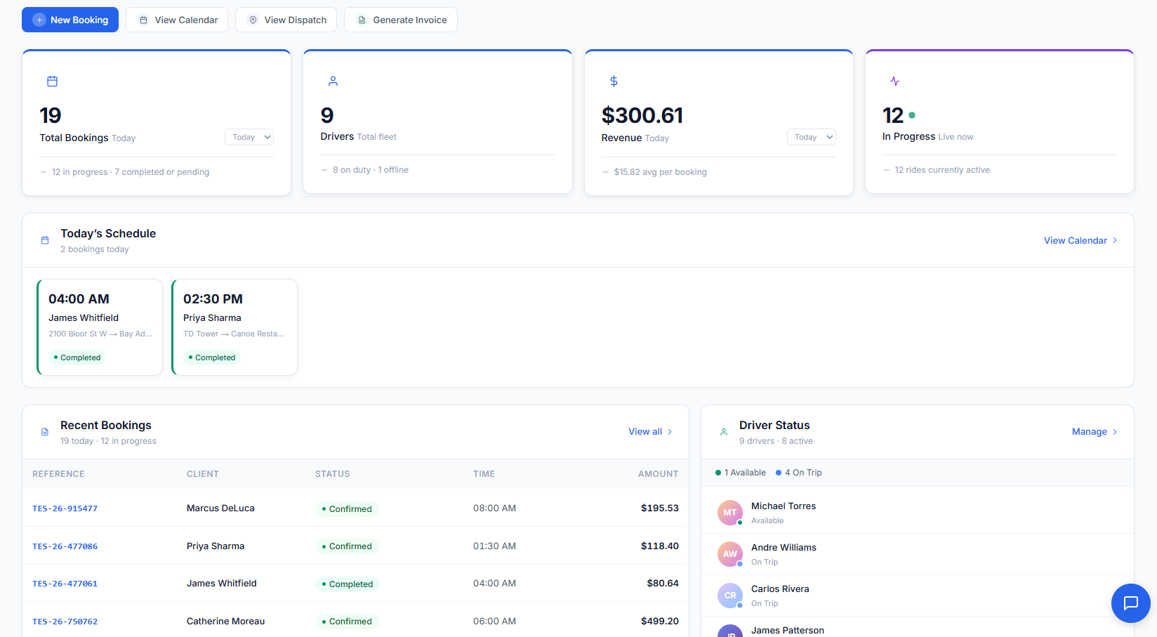 DrivOQ dashboard showing the day's bookings, revenue, schedule, and live driver status