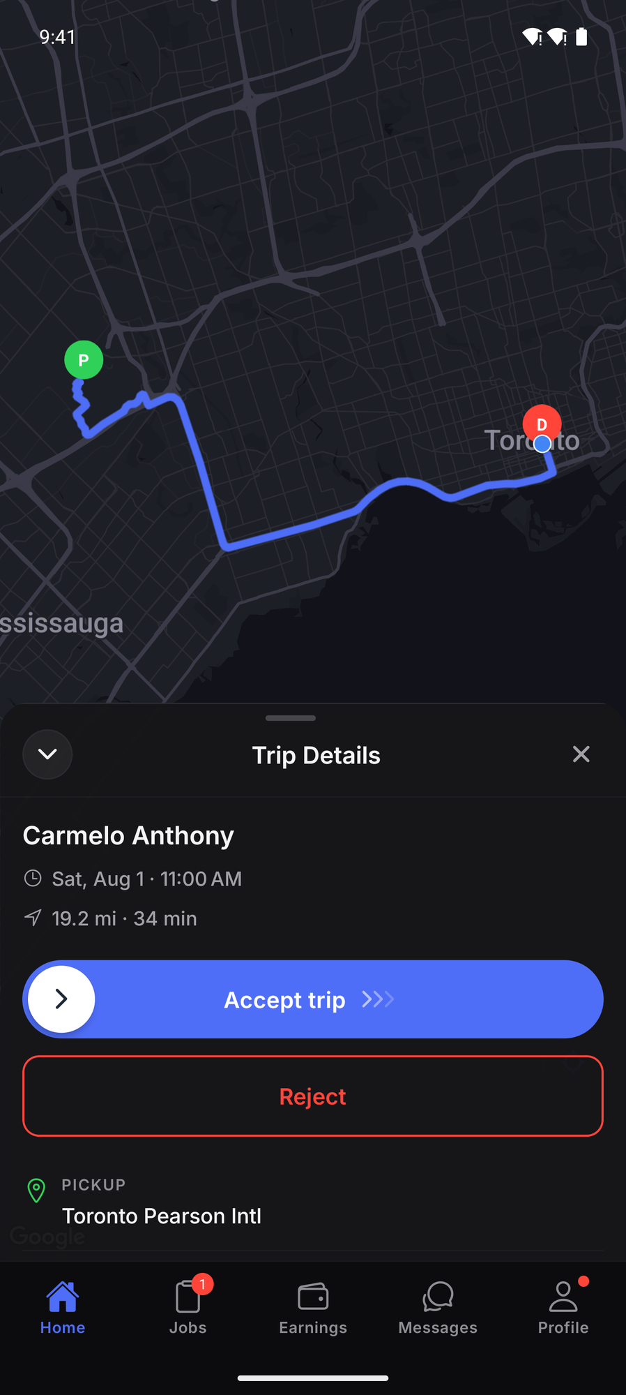 DrivOQ driver app showing a trip offer with the route on the map and the Accept trip slider