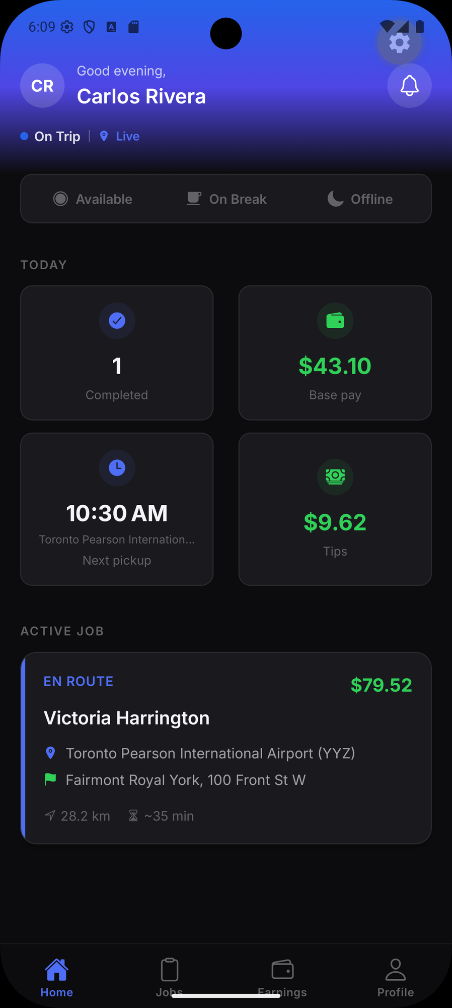 DrivOQ driver mobile app showing active trip details